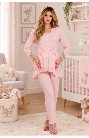 Bebe Pembe Renkli Dantel Detaylı, 33204 Uzun Kol, 2 Parça Lohusa Hamile Pijama Takımı Bebe Pembe Renkli Dantel Detaylı, 33204 Uzun Kol, 2 Parça Lohusa Hamile Pijama Takımı