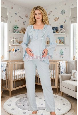 Bebe Mavi Renkli, Dantel Detaylı, 33205 Uzun Kol, 2 Parça Lohusa Hamile Pijama Takımı Bebe Mavi Renkli, Dantel Detaylı, 33205 Uzun Kol, 2 Parça Lohusa Hamile Pijama Takımı