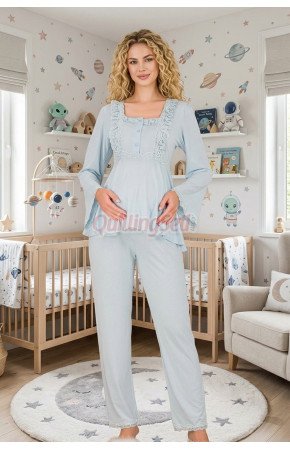 Bebe Mavi Renkli, Dantel Detaylı, 33205 Uzun Kol, 2 Parça Lohusa Hamile Pijama Takımı Bebe Mavi Renkli, Dantel Detaylı, 33205 Uzun Kol, 2 Parça Lohusa Hamile Pijama Takımı