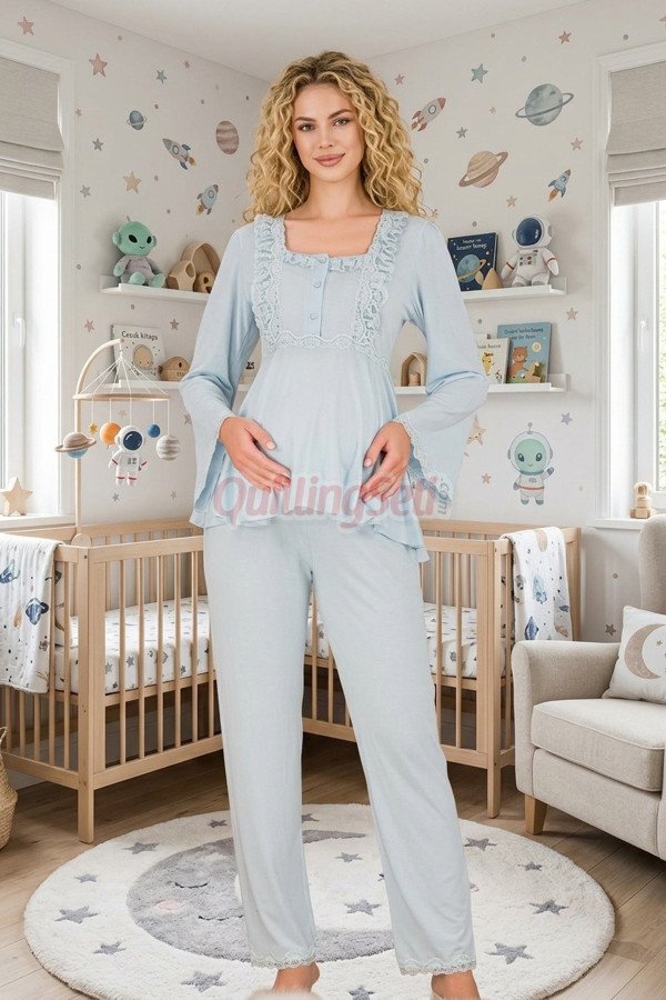 Bebe Mavi Renkli, Dantel Detaylı, 33205 Uzun Kol, 2 Parça Lohusa Hamile Pijama Takımı Bebe Mavi Renkli, Dantel Detaylı, 33205 Uzun Kol, 2 Parça Lohusa Hamile Pijama Takımı, 8509990041441, Lohusa - Hamile Pijama Takımları, 8509990041441