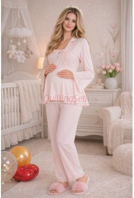 Bebe Pembe Renkli Dantel Detaylı, 33205 Uzun Kol, 2 Parça Lohusa Hamile Pijama Takımı Bebe Pembe Renkli Dantel Detaylı, 33205 Uzun Kol, 2 Parça Lohusa Hamile Pijama Takımı