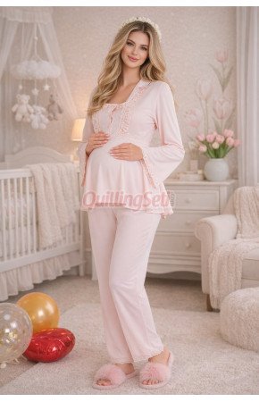 Bebe Pembe Renkli Dantel Detaylı, 33205 Uzun Kol, 2 Parça Lohusa Hamile Pijama Takımı Bebe Pembe Renkli Dantel Detaylı, 33205 Uzun Kol, 2 Parça Lohusa Hamile Pijama Takımı