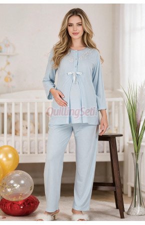 Bebe Mavi Renkli, Dantel Detaylı 33209 Uzun Kol, 2 Parça Lohusa Hamile Pijama Takımı Bebe Mavi Renkli, Dantel Detaylı 33209 Uzun Kol, 2 Parça Lohusa Hamile Pijama Takımı
