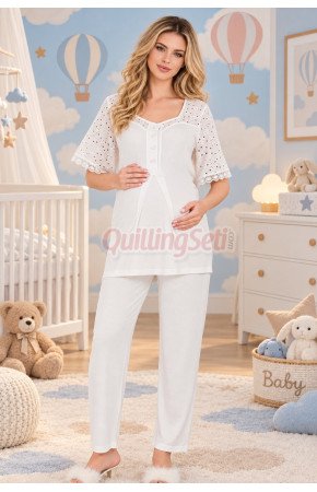 Ekru Renkli Dantel Detaylı, 33207 Kısa Kol, 2 Parça Lohusa Hamile Pijama Takımı Ekru Renkli Dantel Detaylı, 33207 Kısa Kol, 2 Parça Lohusa Hamile Pijama Takımı