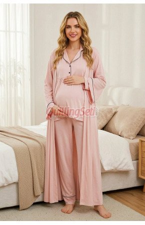 Pudra Renk ve Derin Patlı, Gömlek Yaka Lady 33001 Uzun Kol Sabahlıklı Hamile Pijama Takımı Pudra Renk ve Derin Patlı, Gömlek Yaka Lady 33001 Uzun Kol Sabahlıklı Hamile Pijama Takımı