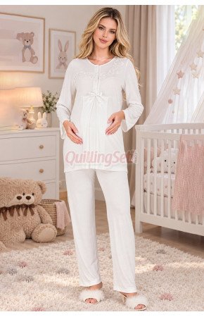 Ekru Renkli, Dantel Detaylı 33209 Uzun Kol, 2 Parça Lohusa Hamile Pijama Takımı Ekru Renkli, Dantel Detaylı 33209 Uzun Kol, 2 Parça Lohusa Hamile Pijama Takımı