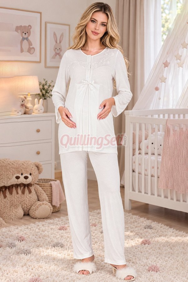 Ekru Renkli, Dantel Detaylı 33209 Uzun Kol, 2 Parça Lohusa Hamile Pijama Takımı Ekru Renkli, Dantel Detaylı 33209 Uzun Kol, 2 Parça Lohusa Hamile Pijama Takımı, 8509990046798, Lohusa - Hamile Pijama Takımları, 8509990046798