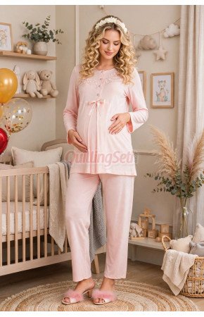 Bebe Pembe Renkli, Dantel Detaylı 33209 Uzun Kol, 2 Parça Lohusa Hamile Pijama Takımı Bebe Pembe Renkli, Dantel Detaylı 33209 Uzun Kol, 2 Parça Lohusa Hamile Pijama Takımı