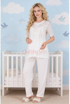 Ekru Renkli Dantel Detaylı, 33206 Kısa Kol, 2 Parça Lohusa Hamile Pijama Takımı Ekru Renkli Dantel Detaylı, 33206 Kısa Kol, 2 Parça Lohusa Hamile Pijama Takımı