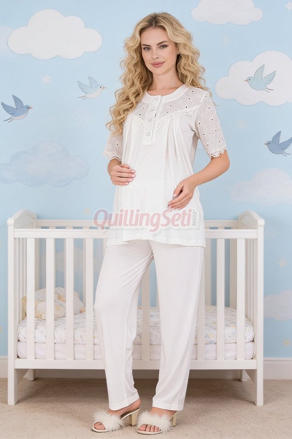 Ekru Renkli Dantel Detaylı, 33206 Kısa Kol, 2 Parça Lohusa Hamile Pijama Takımı Ekru Renkli Dantel Detaylı, 33206 Kısa Kol, 2 Parça Lohusa Hamile Pijama Takımı, 8509990041601, Lohusa - Hamile Pijama Takımları, 8509990041601