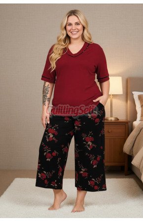Bordo Renk ve Çiçek Desenli 10736 Pamuklu Büyük Beden Kapri Anne Pijama Takımı Bordo Renk ve Çiçek Desenli 10736 Pamuklu Büyük Beden Kapri Anne Pijama Takımı