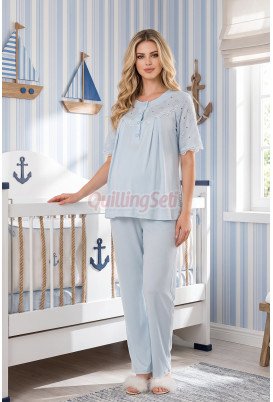 Bebe Mavisi Renkli Dantel Detaylı, 33206 Kısa Kol, 2 Parça Lohusa Hamile Pijama Takımı Bebe Mavisi Renkli Dantel Detaylı, 33206 Kısa Kol, 2 Parça Lohusa Hamile Pijama Takımı