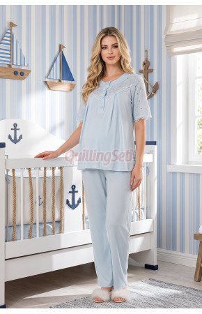 Bebe Mavisi Renkli Dantel Detaylı, 33206 Kısa Kol, 2 Parça Lohusa Hamile Pijama Takımı Bebe Mavisi Renkli Dantel Detaylı, 33206 Kısa Kol, 2 Parça Lohusa Hamile Pijama Takımı