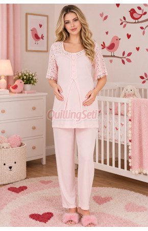 Bebe Pembe Renkli Dantel Detaylı, 33207 Kısa Kol, 2 Parça Lohusa Hamile Pijama Takımı Bebe Pembe Renkli Dantel Detaylı, 33207 Kısa Kol, 2 Parça Lohusa Hamile Pijama Takımı
