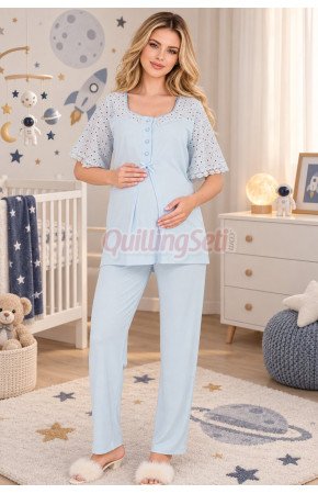 Bebe Mavi Renkli Dantel Detaylı, 33207 Kısa Kol, 2 Parça Lohusa Hamile Pijama Takımı Bebe Mavi Renkli Dantel Detaylı, 33207 Kısa Kol, 2 Parça Lohusa Hamile Pijama Takımı