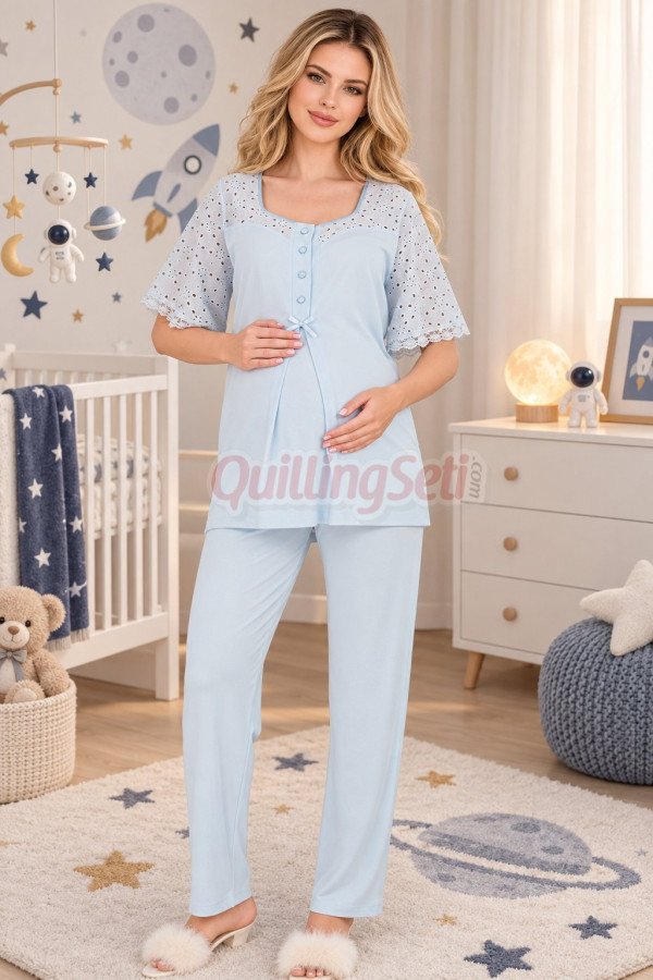 Bebe Mavi Renkli Dantel Detaylı, 33207 Kısa Kol, 2 Parça Lohusa Hamile Pijama Takımı, 8509990041687, Lohusa - Hamile Pijama Takımları, 8509990041687