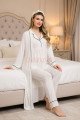 Ekru Renkli Derin Patlı, 33001 Sabahlıklı 3lü Lohusa Hamile Pijama Takımı