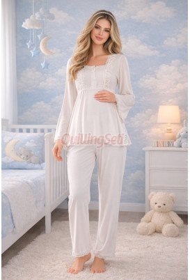 Ekru Renkli, Dantel Detaylı, 33205 Uzun Kol, 2 Parça Lohusa Hamile Pijama Takımı Ekru Renkli, Dantel Detaylı, 33205 Uzun Kol, 2 Parça Lohusa Hamile Pijama Takımı