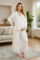 Ekru Renkli Derin Patlı, 33001 Sabahlıklı 3lü Lohusa Hamile Pijama Takımı, 8509990029548, Lohusa - Hamile Pijama Takımları, 8509990029548