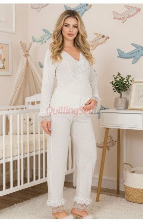 Ekru Renkli Dantel Detaylı, 33208 Uzun Kol 2 Parça Lohusa Hamile Pijama Takımı Ekru Renkli Dantel Detaylı, 33208 Uzun Kol 2 Parça Lohusa Hamile Pijama Takımı