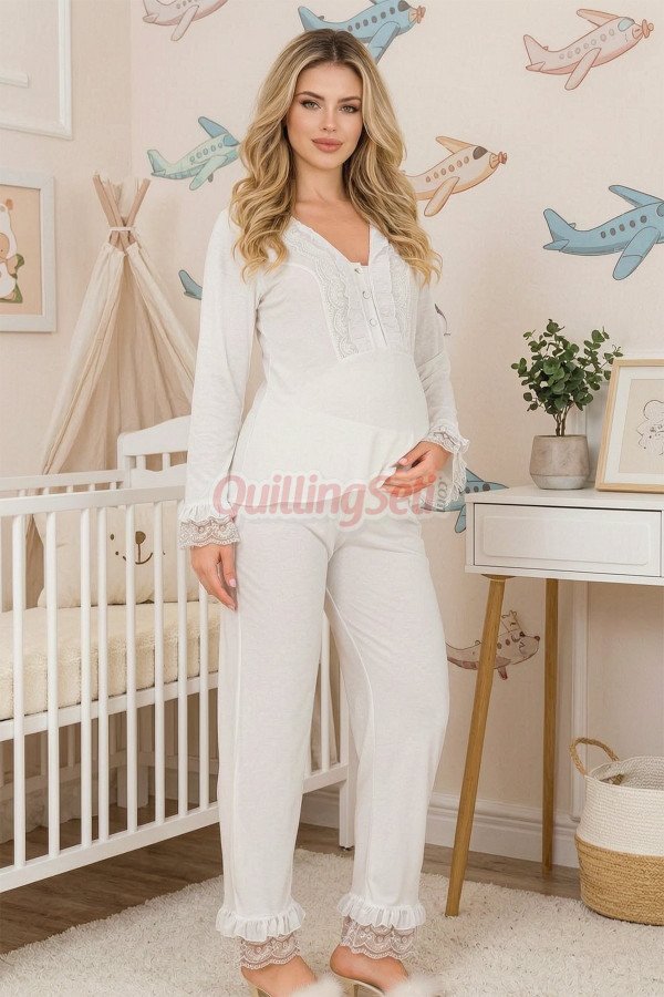 Ekru Renkli Dantel Detaylı, 33208 Uzun Kol 2 Parça Lohusa Hamile Pijama Takımı, 8509990041847, Lohusa - Hamile Pijama Takımları, 8509990041847