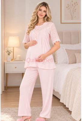 Bebe Pembe Renkli Dantel Detaylı, 33206 Kısa Kol, 2 Parça Lohusa Hamile Pijama Takımı Bebe Pembe Renkli Dantel Detaylı, 33206 Kısa Kol, 2 Parça Lohusa Hamile Pijama Takımı