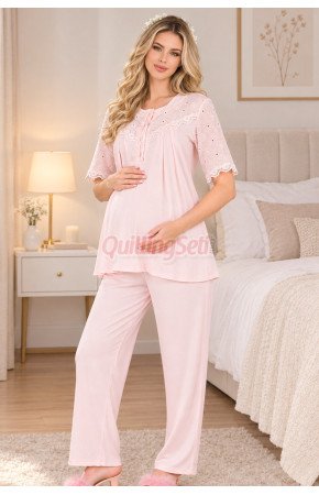 Bebe Pembe Renkli Dantel Detaylı, 33206 Kısa Kol, 2 Parça Lohusa Hamile Pijama Takımı Bebe Pembe Renkli Dantel Detaylı, 33206 Kısa Kol, 2 Parça Lohusa Hamile Pijama Takımı