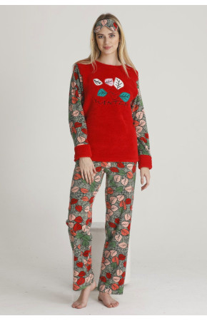 Kadın Kırmızı Renk Göz Bantlı Kışlık TKNR 50401 Welsoft Polar Pijama Takımı