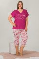 Fuşya Renk ve Çiçek Desenli Lady 10663 Büyük Beden Kapri Pijama Takımı