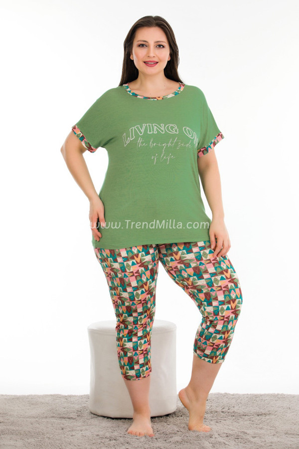 Yeşil Renk ve Çiçek Desenli Lady 10678 Büyük Beden Kapri Pijama Takımı, LADY10678-2XL, Lady Pijama Takımı, LADY10678-2XL