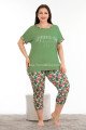 Yeşil Renk ve Çiçek Desenli Lady 10678 Büyük Beden Kapri Pijama Takımı