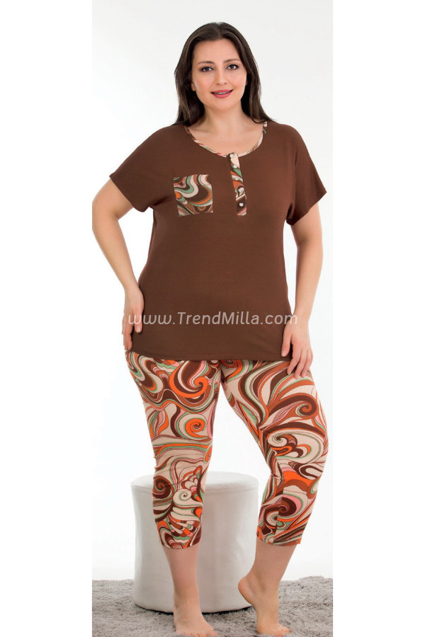 Kahverengi Renk ve Çiçek Desenli Lady 10686 Büyük Beden Kapri Pijama Takımı, LADY10686-2XL, Lady Pijama Takımı, LADY10686-2XL