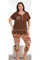 Kahverengi Renk ve Çiçek Desenli Lady 10686 Büyük Beden Kapri Pijama Takımı